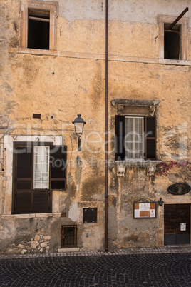 Facade of old building of Sermoneta a medieval town in Italy.