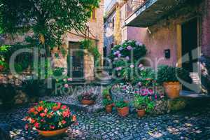 Flowers in front of a house in a medieval town in Italy.