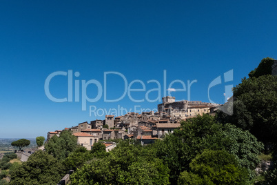 Landscape view of a medieval town with a castle surrounded by na