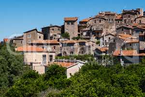 Landscape view of Sermoneta village in the mountains surrounded