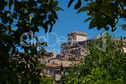 Landscape view of an ancient town with castle surrounded by natu