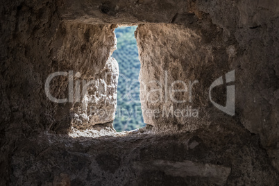 Nature from a thin hole of an antique stone wall.