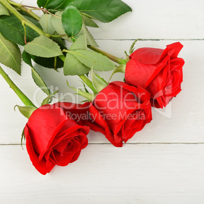 Beautiful red roses on a white wooden background. Flat lay, top