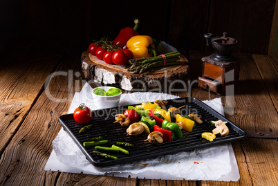 rustic vegetable shashlik with green asparagus and paprika