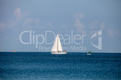 Sailboat glides across the bright blue ocean