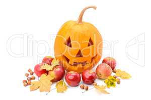 Pumpkin-head, nuts, apples and yellow leaves isolated on white b
