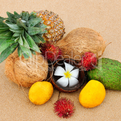 Set of tropical fruits on a sandy beach. Sri Lanka.