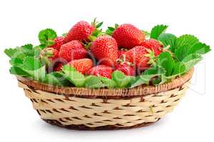 strawberries in a wicker basket isolated on white background.
