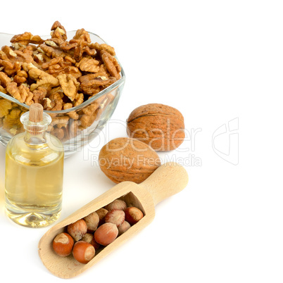 Oil of walnut and hazelnut, nut fruit isolated on white backgrou