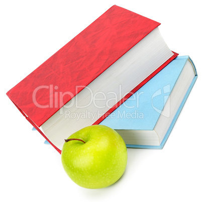 Book and apple isolated on white background.