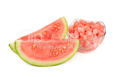 Sliced appetizing watermelon and dessert in a vase isolated on w