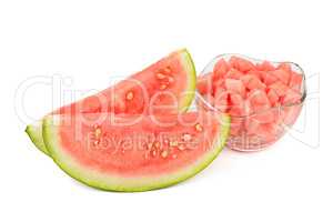 Sliced appetizing watermelon and dessert in a vase isolated on w