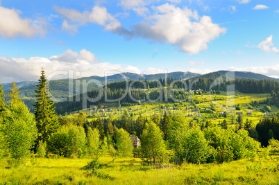 Slopes of mountains, coniferous trees and clouds in the sky.