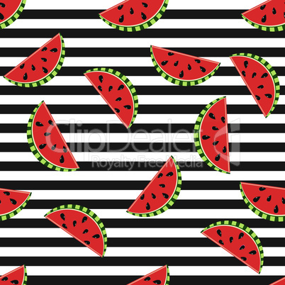 Seamless background watermelon slices on black and white stripes design for holiday greeting vector invitation of seasonal summer holidays, summer beach parties, tourism and travel