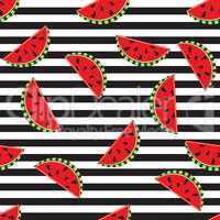 Seamless background watermelon slices on black and white stripes design for holiday greeting vector invitation of seasonal summer holidays, summer beach parties, tourism and travel