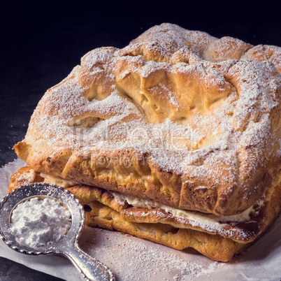 Karpatka is a traditional Polish cream pie filled with russel cr