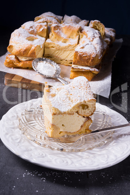 Karpatka is a traditional Polish cream pie filled with russel cr