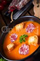 Hungarian paprika cream soup with spicy sausage