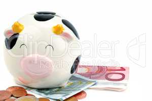 Piggy bank, banknotes and euro coins isolated on white backgroun