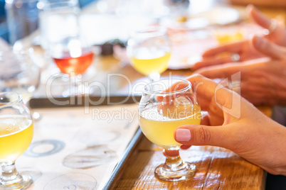 Female Hand Holding Glass of Micro Brew Beer At Bar