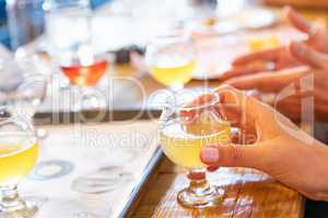 Female Hand Holding Glass of Micro Brew Beer At Bar