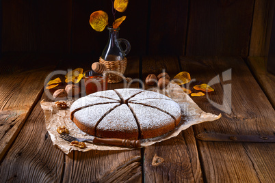 Fresh and tasty autumnal walnut cake with honey