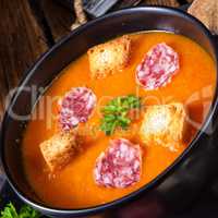 Hungarian paprika cream soup with spicy sausage