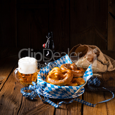 real homemade bavarian salty pretzel with beer