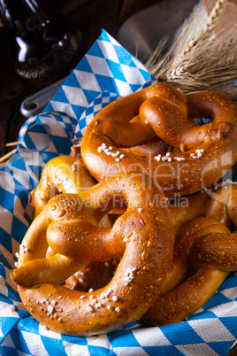 real homemade bavarian salty pretzel with beer