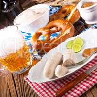 delicious bavarian oktoberfest white sausage with sweet mustard