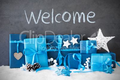 Many Blue Christmas Gifts, Snow, Text Welcome