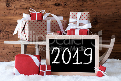 Sleigh With Red Gifts On Snow, Text 2019