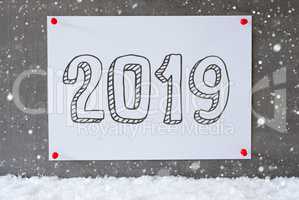 Label On Cement Wall And Snowflakes, Text 2019