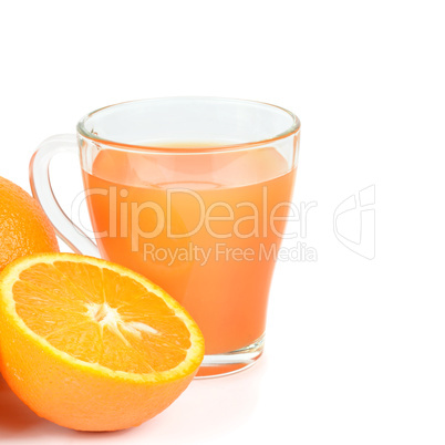 Fresh orange juice with fruits, isolated on white . Free space f