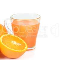 Fresh orange juice with fruits, isolated on white . Free space f