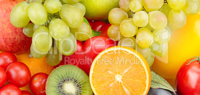 Beautiful background of set of vegetables and fruits. Wide photo