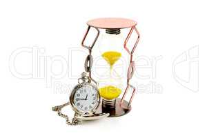 pocket watch and hourglass isolated on white background