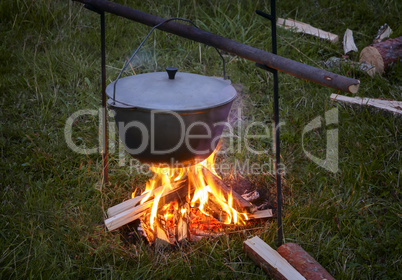 In the pot on the fire preparing food.