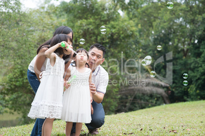 Family blowing soap bubbles at park