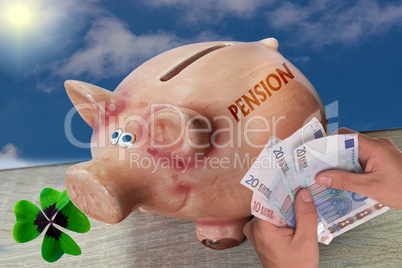 Pension written on a piggy bank. Retirement concept.