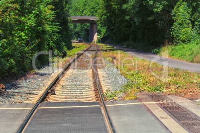 Railway track, rails, sleepers, stones, close-up