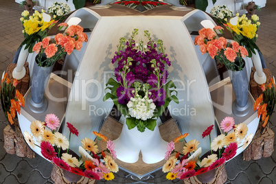 With fisheye lens photographed flowers in vases