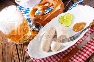 delicious bavarian oktoberfest white sausage with sweet mustard