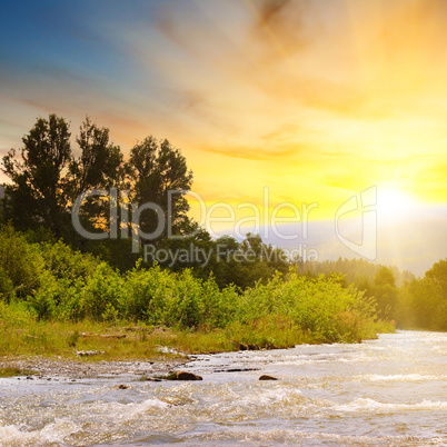 Bright sunrise in the mountains of the Carpathians, Ukraine. The