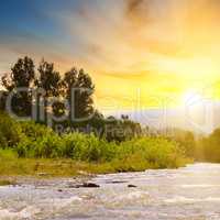 Bright sunrise in the mountains of the Carpathians, Ukraine. The