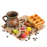 Cup of coffee, waffle and marmalade isolated on white background