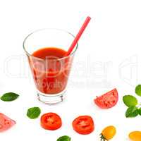 Fresh tomato juice and tomatoes isolated on white background. Fr
