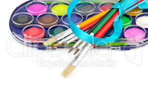 Watercolor paints and brushes isolated on white background. Free