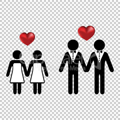 Couple or two homo lovers icon simple with a vector heart love silhouettes. Wedding marriage of lesbians or gays.