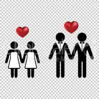 Couple or two homo lovers icon simple with a vector heart love silhouettes. Wedding marriage of lesbians or gays.